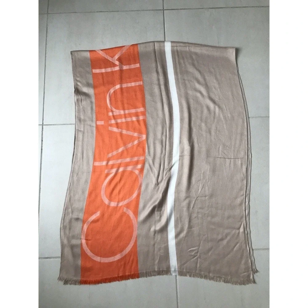 Calvin Klein Scarf Women Sz OS Rectangular Logo‎ Colorblock Fringe Trim FLAWS